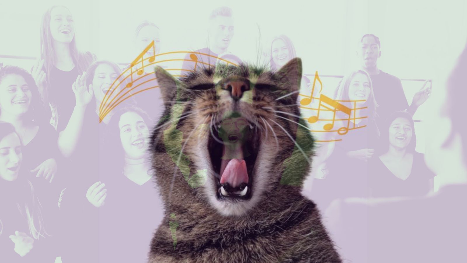 Katze mit geöffenetem Maul und Musiknoten, im Hintergrund ein Gospelchor