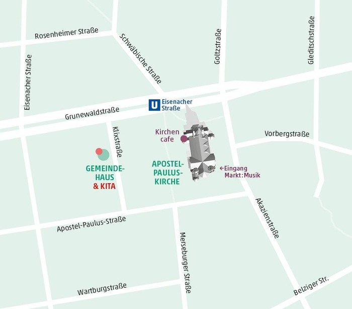 Karte mit den Gebäuden der Apostel-Paulus-Kirchengemeinde